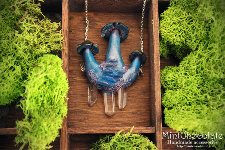 Blue magic mushrooms necklace